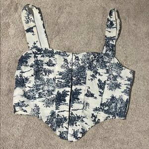 size medium windsor blue patterned lace up corset cropped tank top with tie